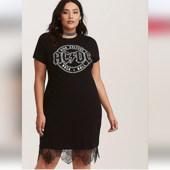 torrid Dresses & Skirts - Torrid AC/DC Black Graphic T-Shirt Dress With Lace Hem Sz 1X NWT